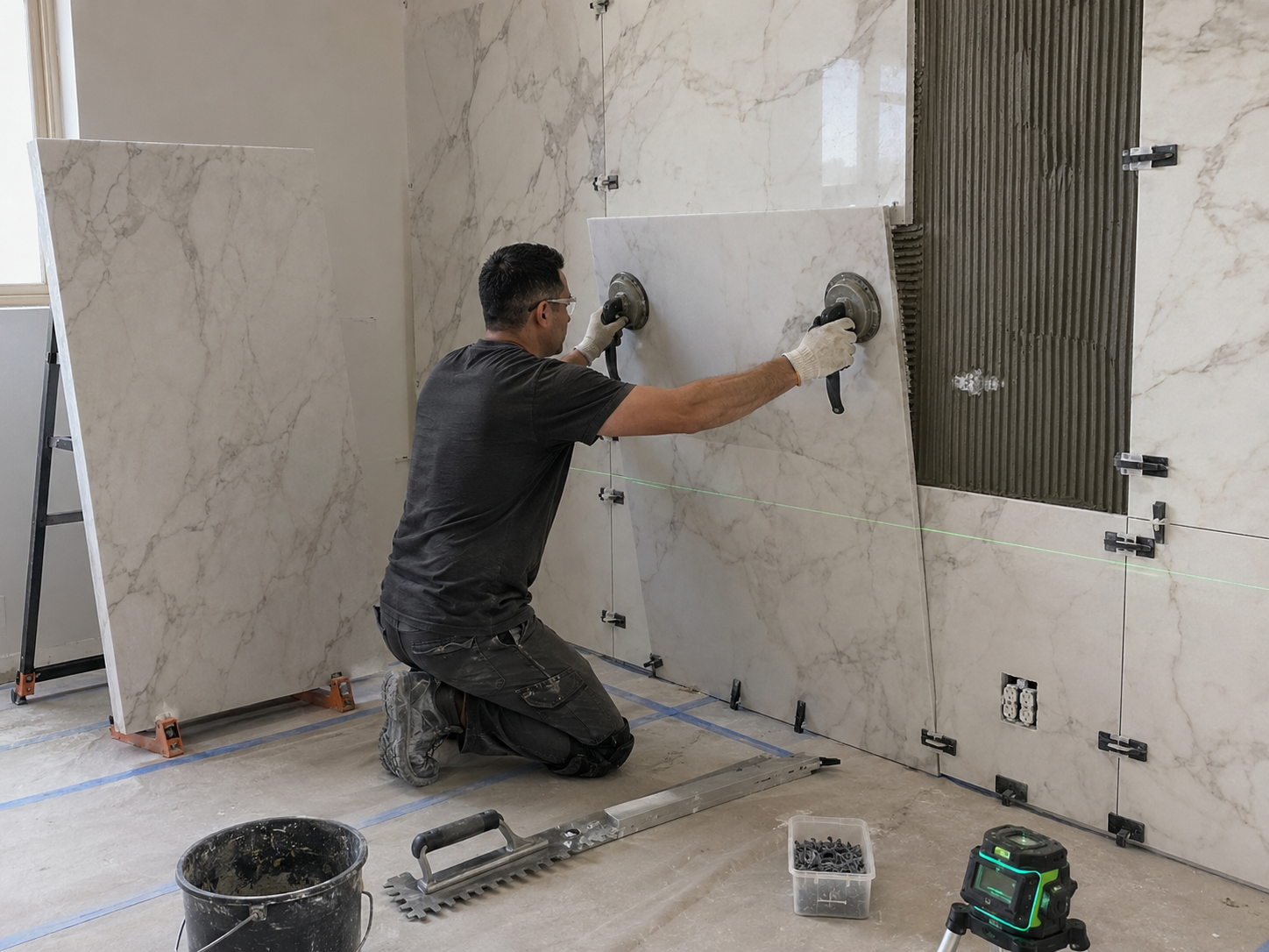 Illustrative marble and porcelain installation